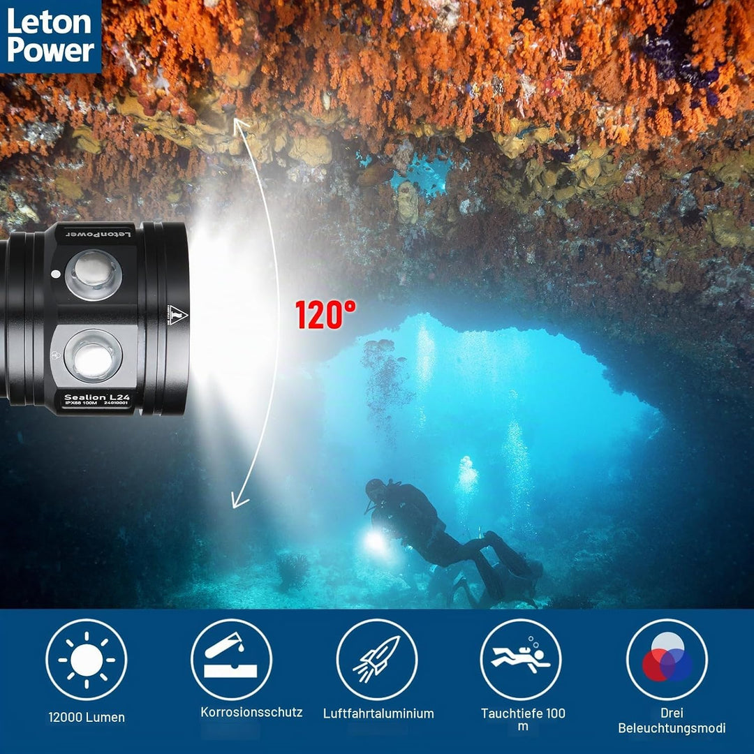 Tauchlampe,LetonPower L24 12000Lumens taschenlampe tauchen,Unterwasser 100m tauchlampe,unterwasser t