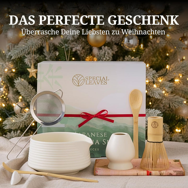 Matcha Set mit Matcha Pulver - Weiss - Matcha Tee Set 8-teilig mit Pulver 90g - Schale, Besen & Zube