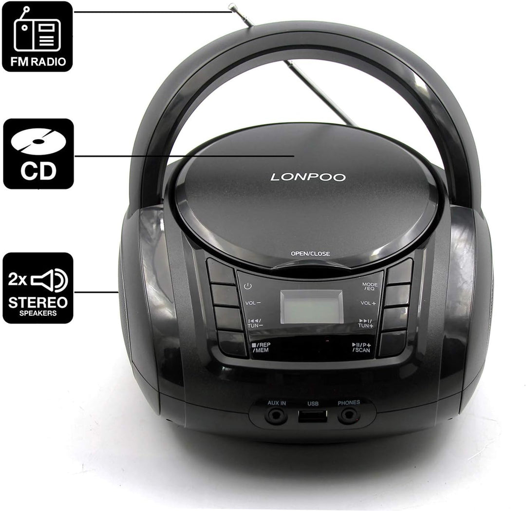 LP-D03 Tragbarer Boombox CD-Player mit Bluetooth - Kinder Stereo-Boombox mit FM Radio | AUX-In | Kop