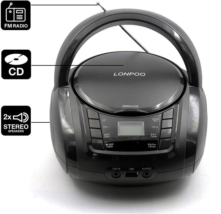 LP-D03 Tragbarer Boombox CD-Player mit Bluetooth - Kinder Stereo-Boombox mit FM Radio | AUX-In | Kop