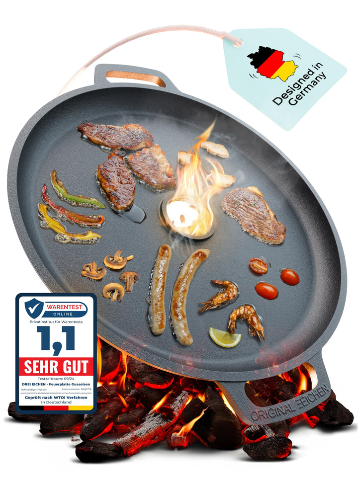 Drei Eichen Feuerplatte aus Gusseisen mit Tropfschutz. Ø35cm. Grillplatte Plancha ideal für Raketeno