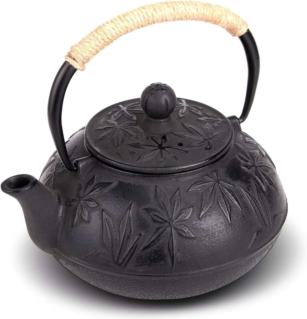 Webao Teekanne Gusseisen, 800ml Asiatische Teekanne Teekessel mit Edelstahl Sieb, Schwarz Ahornblätt