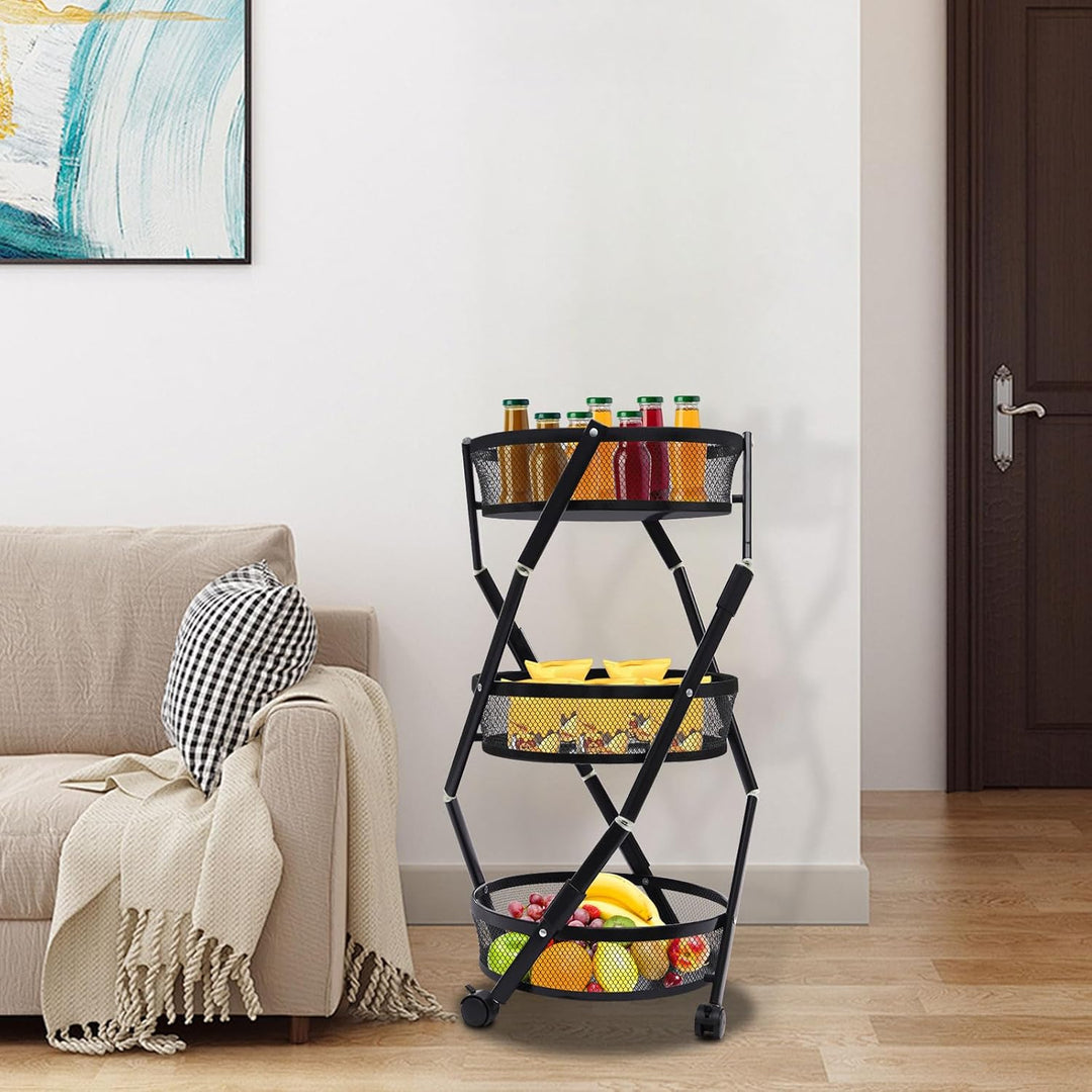 Gemüsewagen 3-stufig 37.5x37.5x88 cm schwarz mit Rollen für Küche | Aufbewahrungsregal mit 4 Rädern