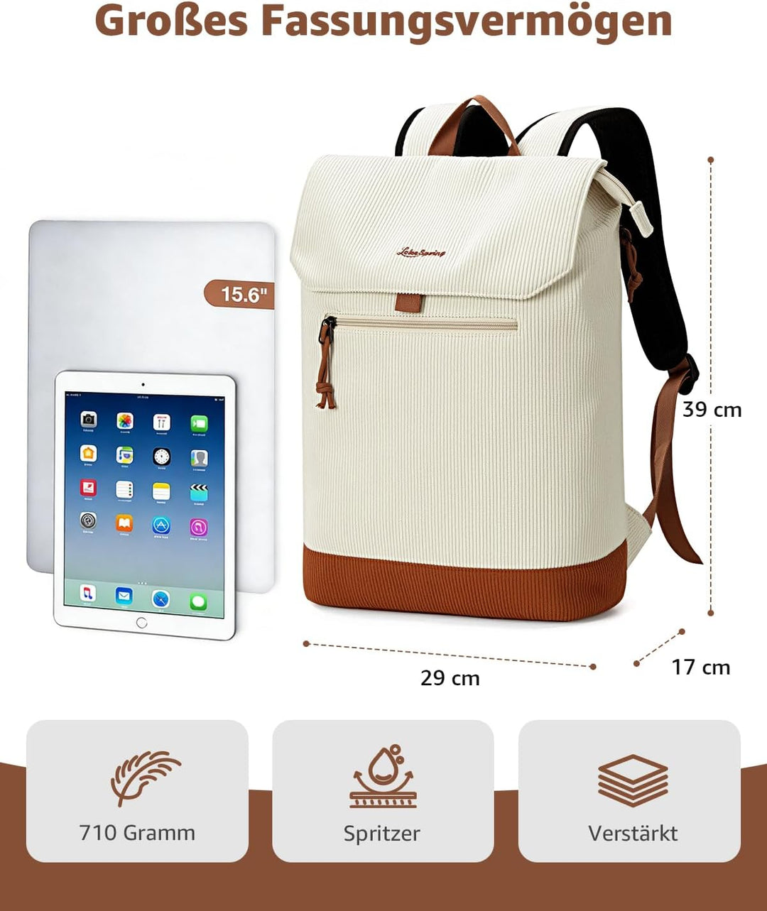Rucksack Damen & Herren, Mattleder Tagesrucksack mit 15,6" Laptopfach, Eleganter City und Business B