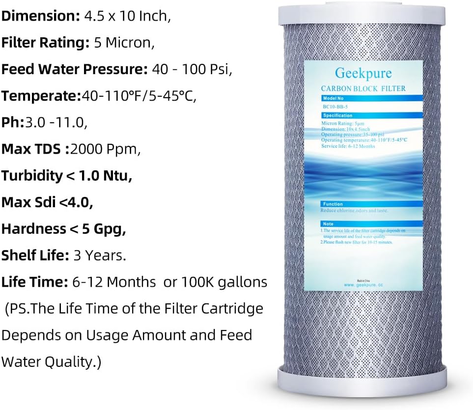 Geekpure 4,5 "x 10" Carbon Block Ersatzfilter für ganzes Haus Wasserfiltrationssystem 5 Mikron -Pack