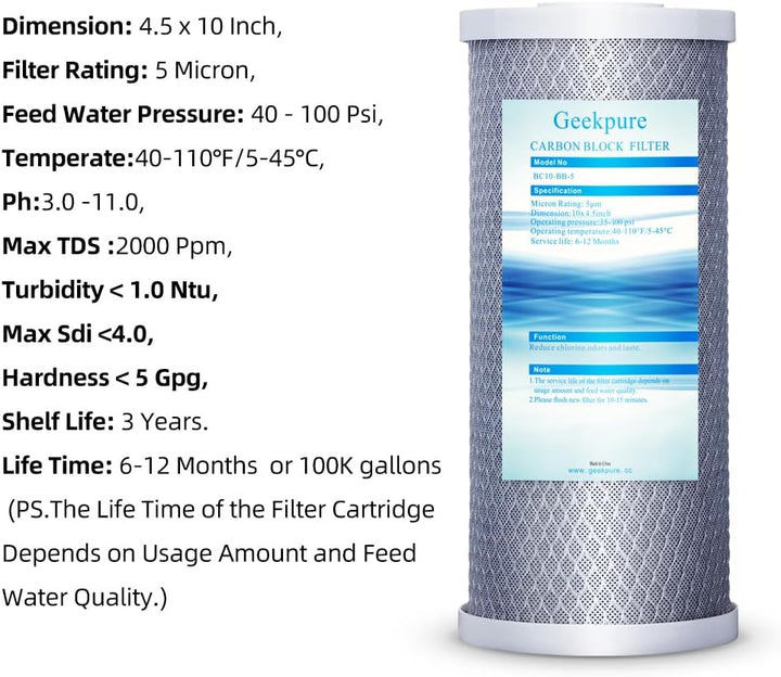 Geekpure 4,5 "x 10" Carbon Block Ersatzfilter für ganzes Haus Wasserfiltrationssystem 5 Mikron -Pack