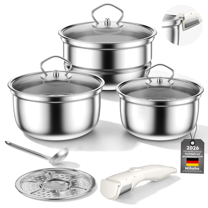 Edelstahl Töpfe Set mit Abnehmbaren Griff, 9 pcs antihaftbeschichtete Induktionskochtöpfe mit Deckel