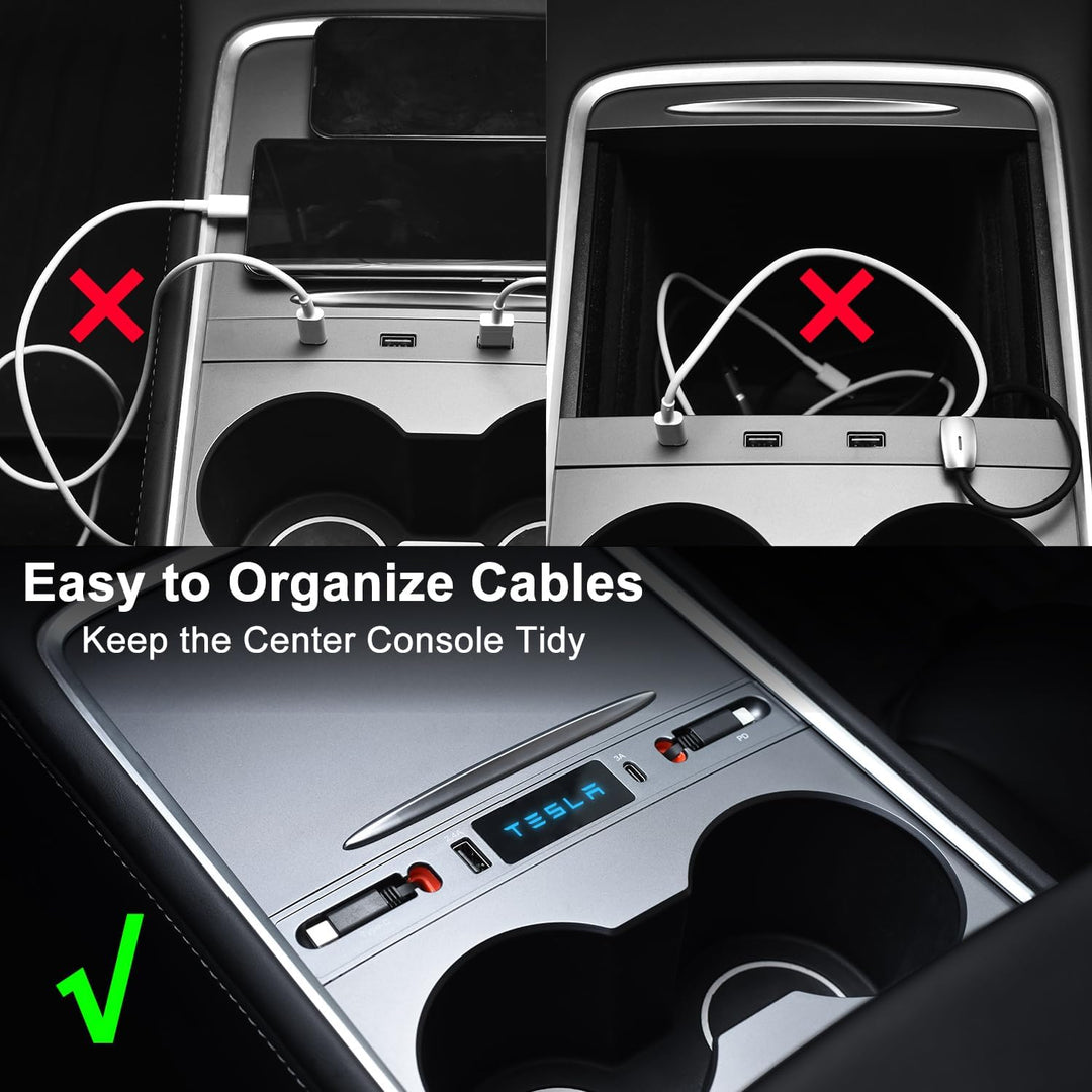 for Tesla USB Hub, Retractable Hub Docking Station, Quick Charge with Cable Adapter for Model Y 2021