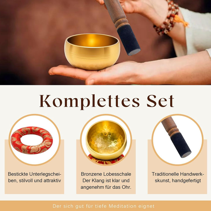 Tibetische Klangschalen-Set, Handgefertigte Schale mit Holzschlägel und Kissen, 8 cm Klangschale für