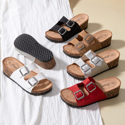 JOMIX Sommer Pantoletten Damen Clogs Leder Keilabsatz Sandalen Bequeme Kork Fussbett Meer Pool Stran