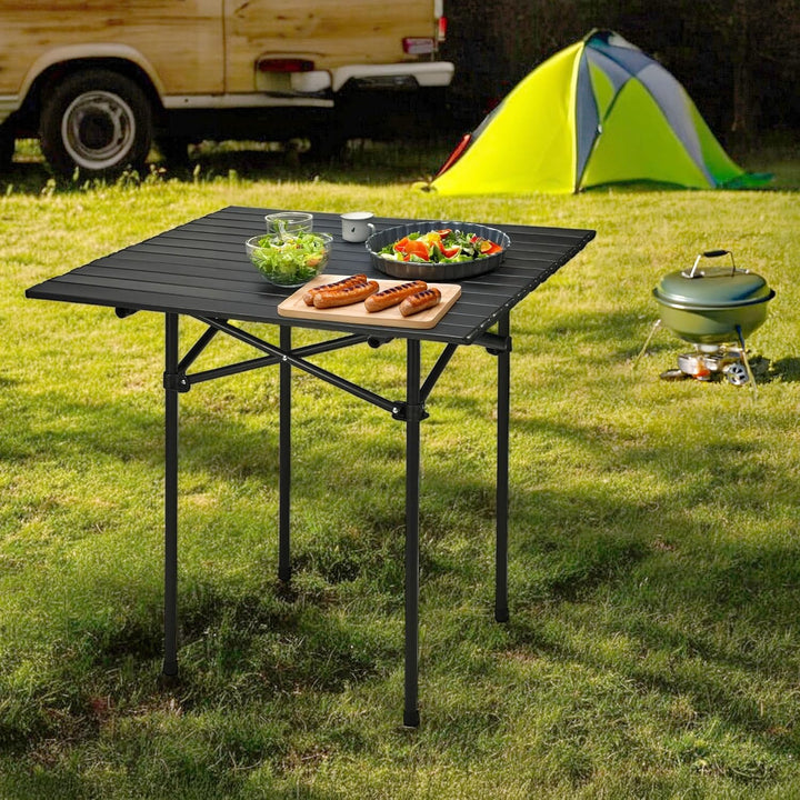 Camping Klapptisch schwarz mit Tragetasche - 70 x 70 cm - Universal Gartentisch mit einrollbarer Tis