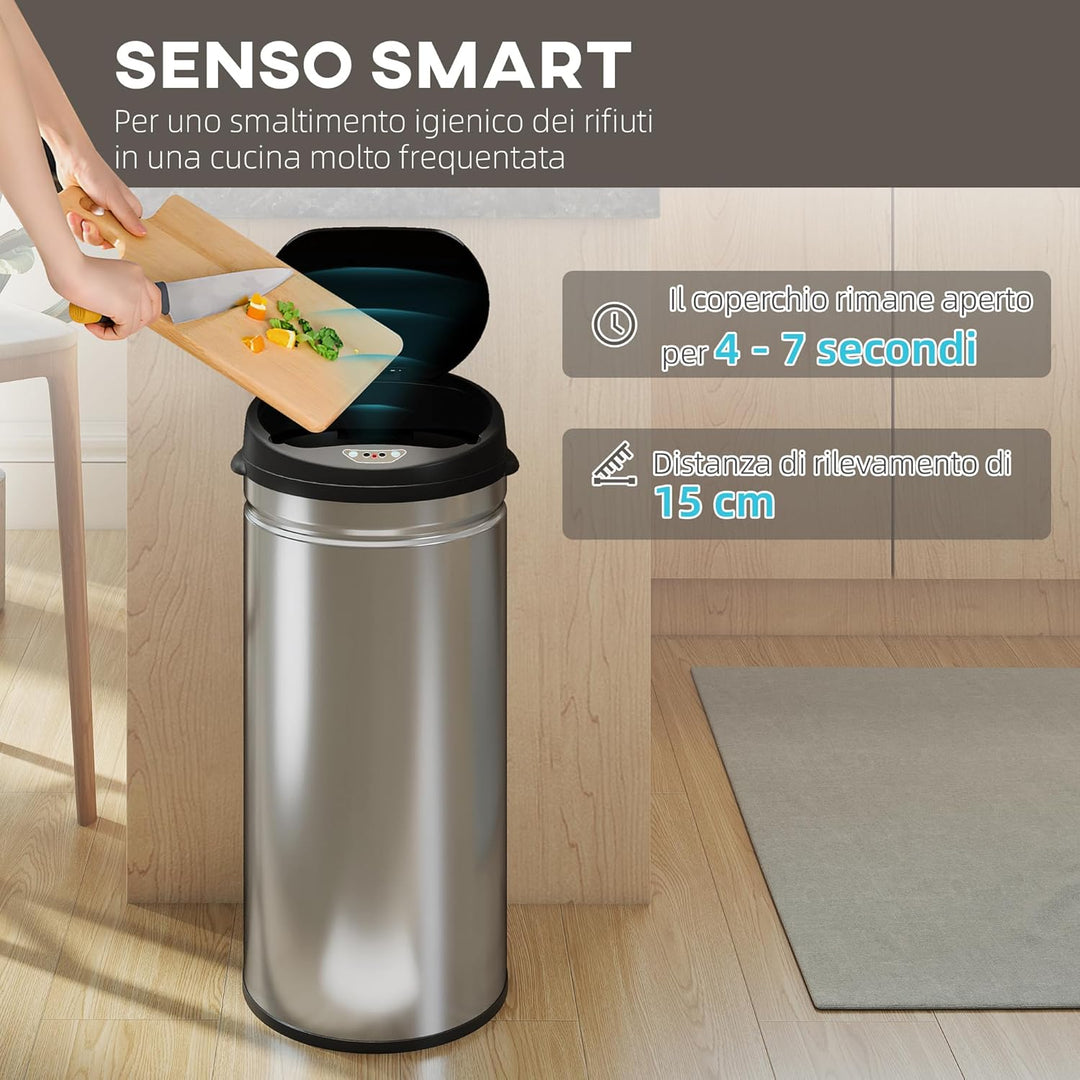 HOMCOM Mülleimer mit Sensor 42L Edelstahl Automatischer Leiser Mülleimer mit Soft-Close-Deckel, Bewe