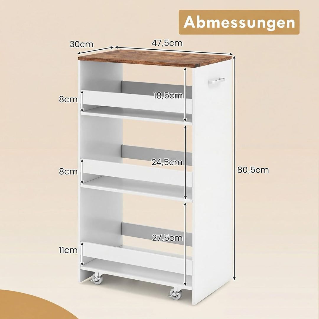COSTWAY Nischenwagen 30cm breit, 4 Etagen Küchenwagen schmal, Nischenregal auf Rollen, Servierwagen