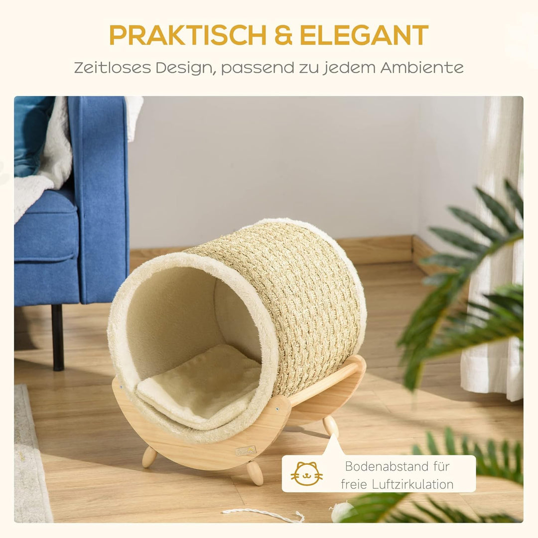 PawHut Katzenhöhle Katzenbett Katzenhaus mit Regal Kratzunterlage Katzenzelt Haustierhaus Khaki+Natu