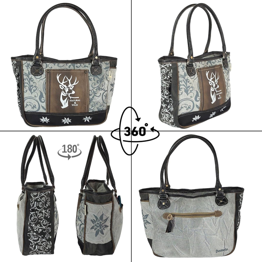 DOMELO Damen Trachtentasche. Dirndltasche aus Canvas & Leder. Trachten Handtasche mit Hirsch & Edelw