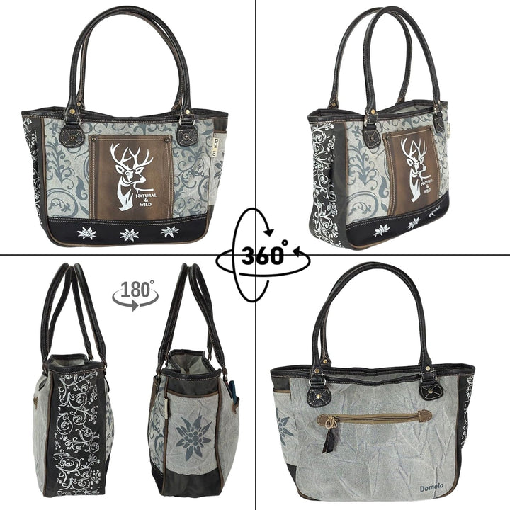 DOMELO Damen Trachtentasche. Dirndltasche aus Canvas & Leder. Trachten Handtasche mit Hirsch & Edelw