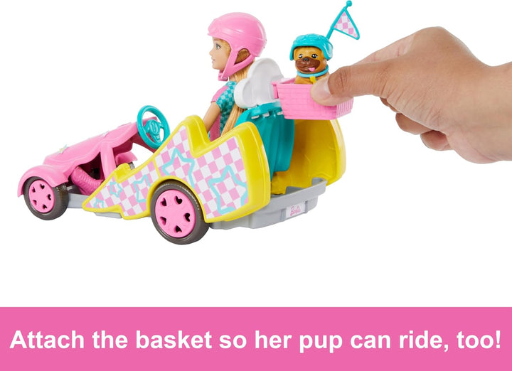Barbie und jüngere Schwester Stacie - Gokart Abenteuer Spielset mit praktischem Hundekorb zum Anbrin