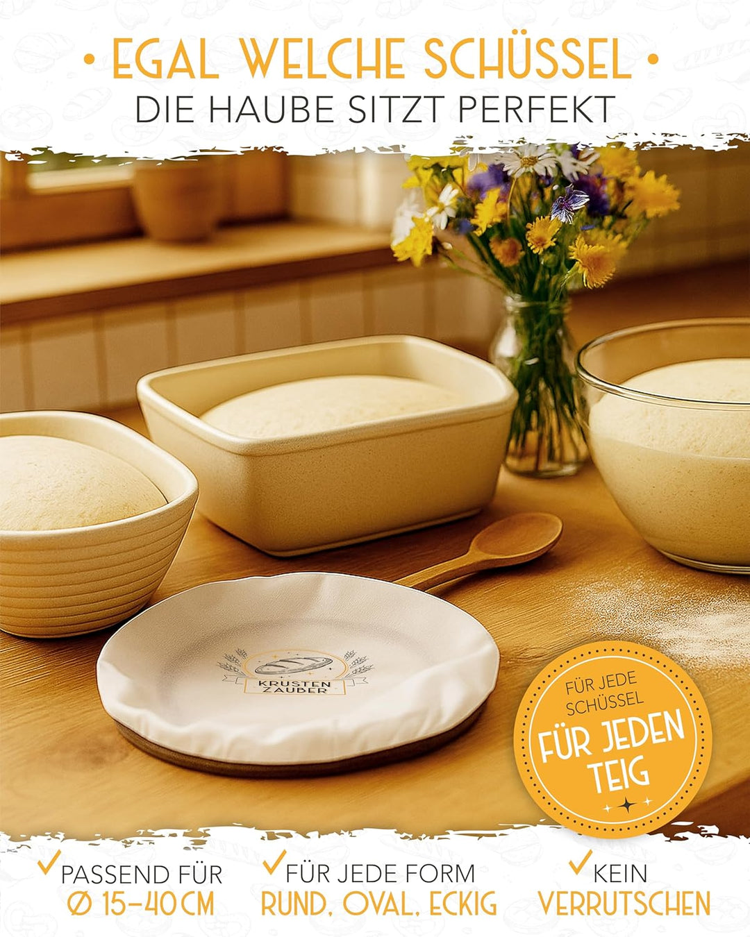 KRUSTENZAUBER 4x Abdeckhaube für Gärkörbe - Wiederverwendbar Gärfolie als Brot backen Zubehör – Gärh