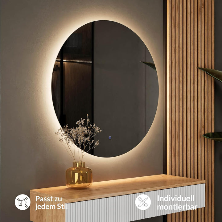 Planetmöbel NOVA Spiegel mit Beleuchtung rund, Spiegel mit LED-Licht, Dekorativer Wandspiegel ohne R