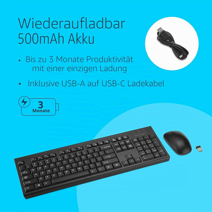 Kensington KM270 EQ Set Wiederaufladbare kabellose Full-Size Tastatur und beidhändige geräuschlose M