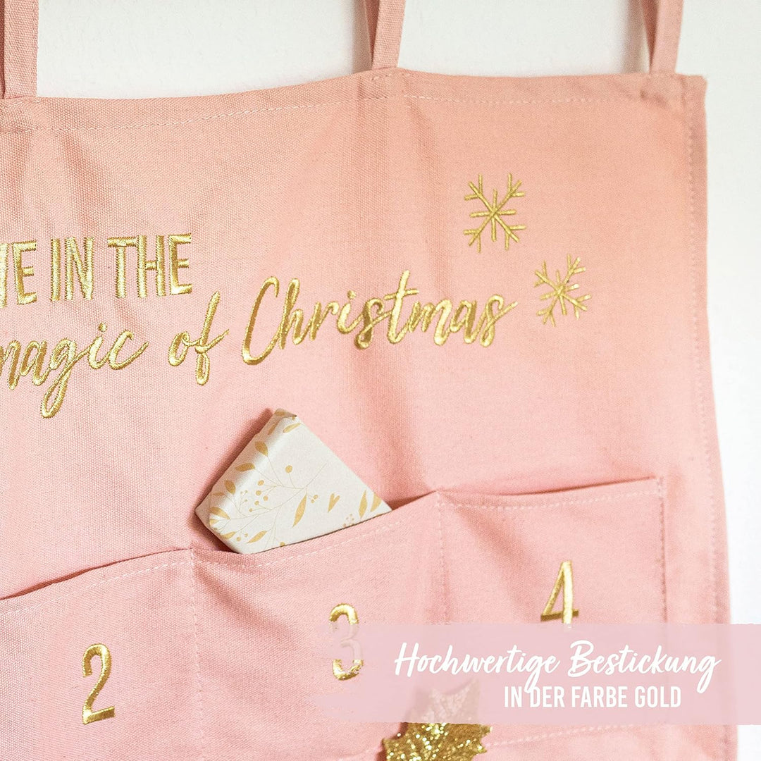 Papierdrachen Adventskalender 2023 als Wandkalender aus Stoff zum Befüllen - rosa &amp; gold - hochwerti