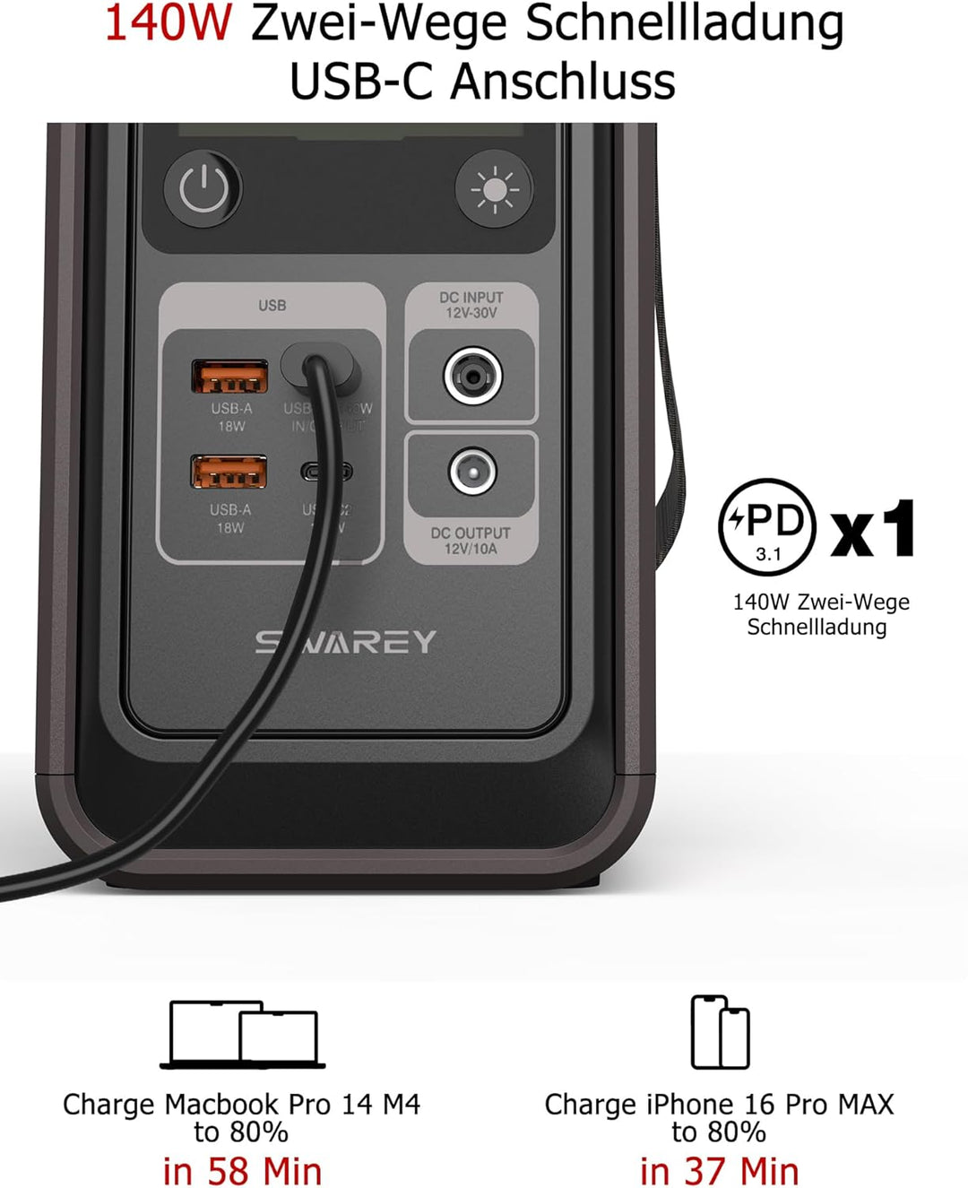 DC Powerstation, 192Wh LiFePO4 Akku Solargenerator, 180W DC Ausgang, 140W Beiseitige Schnellladung U