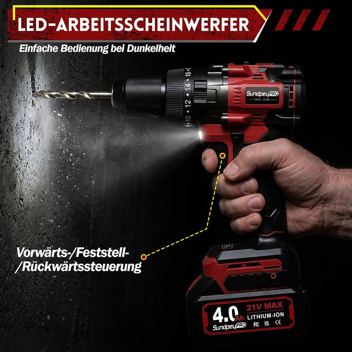 130Nm Akkuschrauber mit Schlagbohrfunktion - 21V Bürstenloser Akkubohrer mit 4.0Ah Akku & Ladegerät,