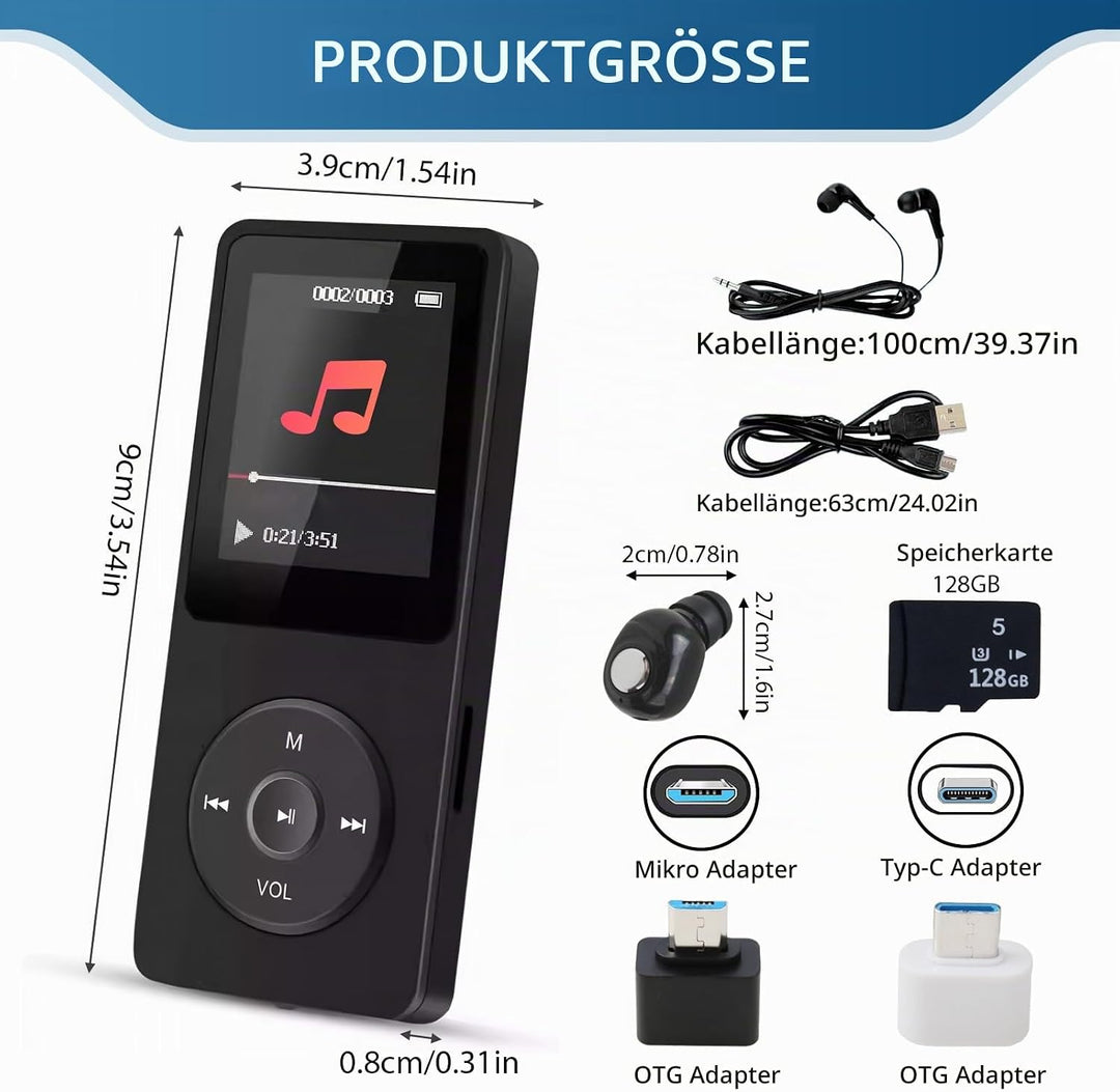 128GB MP3 Player Bluetooth 5.3 mit Lautsprecher, inkl. 128GB Speicherkarte, 1,8 Zoll TFT Musikplayer