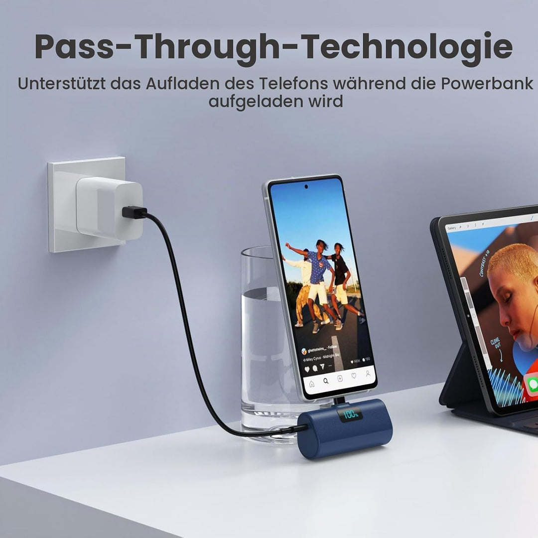 Mini Powerbank 5200mAh, Klein Power Bank USB C PD Externer Akku, Compact LCD Digitalanzeige Akkupack