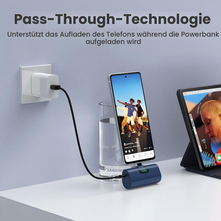 Mini Powerbank 5200mAh, Klein Power Bank USB C PD Externer Akku, Compact LCD Digitalanzeige Akkupack