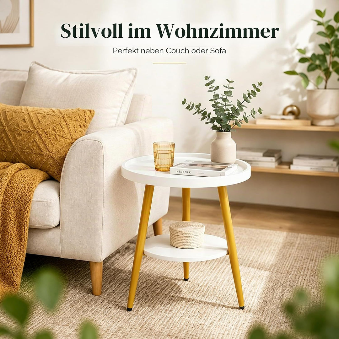Beistelltisch Rund, Couchtisch Klein mit 2 Ablagen, Kleiner Runder Tisch Einfach zu Montieren (H48X