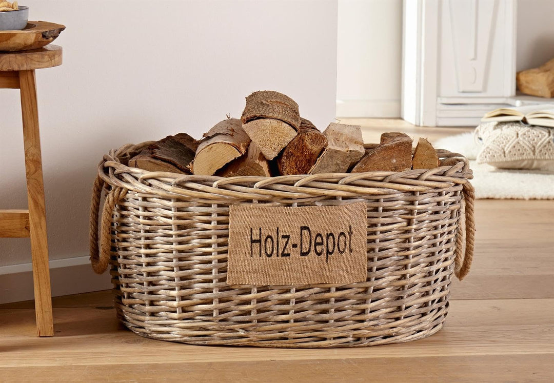 Dekoleidenschaft grosser Aufbewahrungskorb aus Weide im Shabby Look, Feuerholzkorb, Brennholzkorb (m