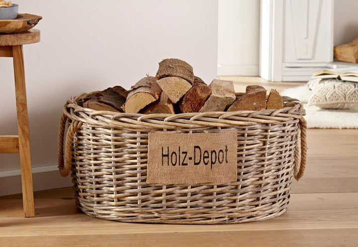 Dekoleidenschaft grosser Aufbewahrungskorb aus Weide im Shabby Look, Feuerholzkorb, Brennholzkorb (m