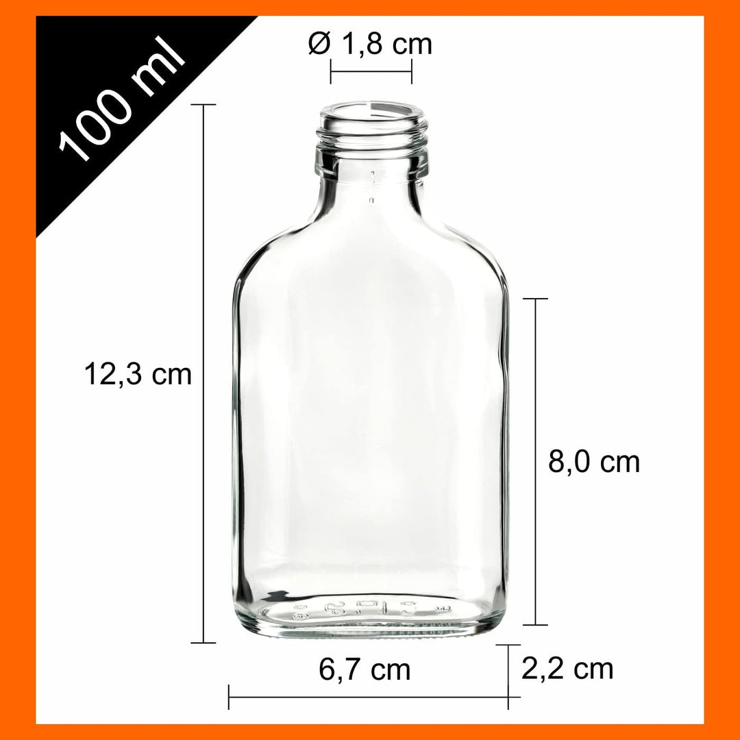 gouveo 24er Set Glasflasche 100 ml (0,10 l) Glasflasche 100 ml Flachmann Schraubverschluss PP28 mit
