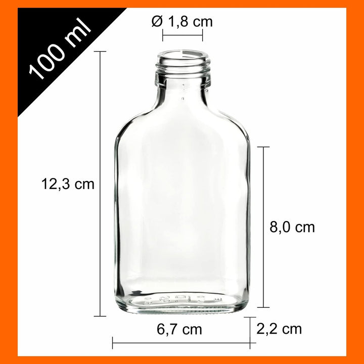 gouveo 24er Set Glasflasche 100 ml (0,10 l) Glasflasche 100 ml Flachmann Schraubverschluss PP28 mit