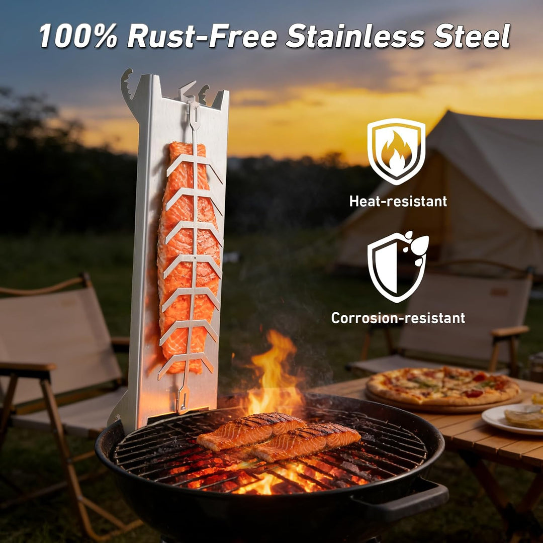Flammlachsbrett Edelstahl 54cm, Flammlachshalter für Feuerschale & Kugelgrill, Schnellmontage Ohne S