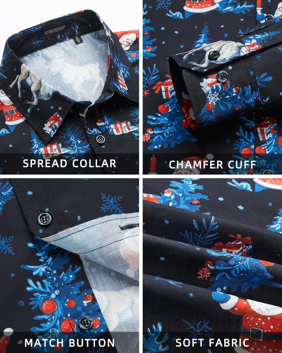 HISDERN Weihnachtshemden für Herren, langärmelig, Button-Down-Shirt, Urlaub, lustige Weihnachts-Shir