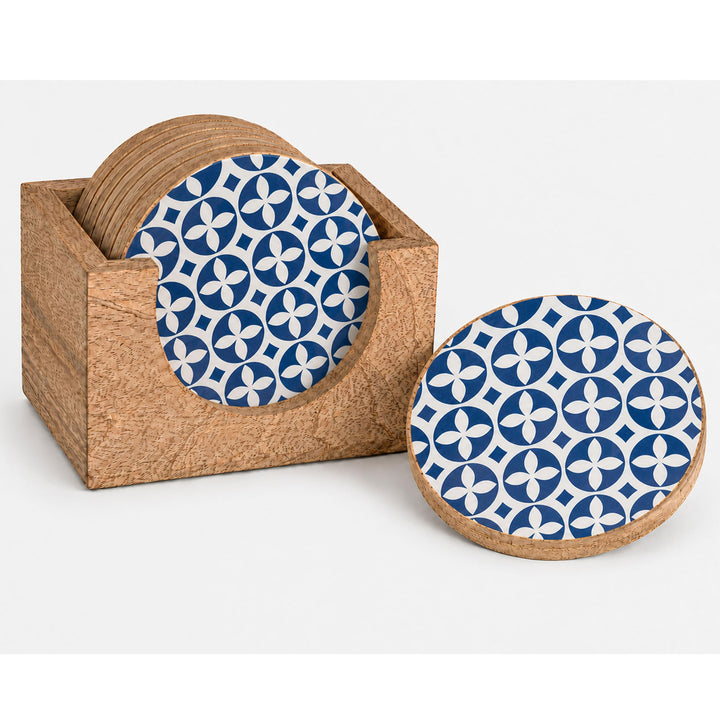 Decorasian Emaillierte Glasuntersetzer aus Mangoholz – 6er Set mit Halter Box (Ø 9,5cm) – Handgefert