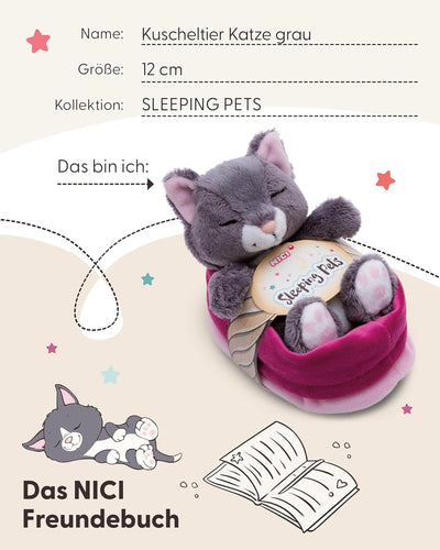 NICI Kuscheltier Katze grau 12cm schlafend im Körbchen, Katze Grau