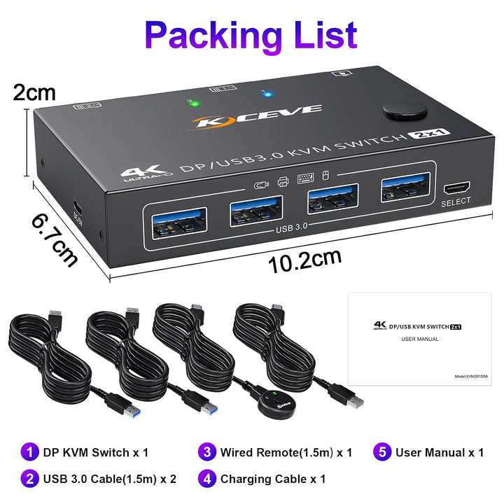 USB 3.0 KVM Switch Displayport 4K@144Hz, KVM Switch 2 PC 1 Monitor 8K@30Hz, DP KVM Switches for 2 PC