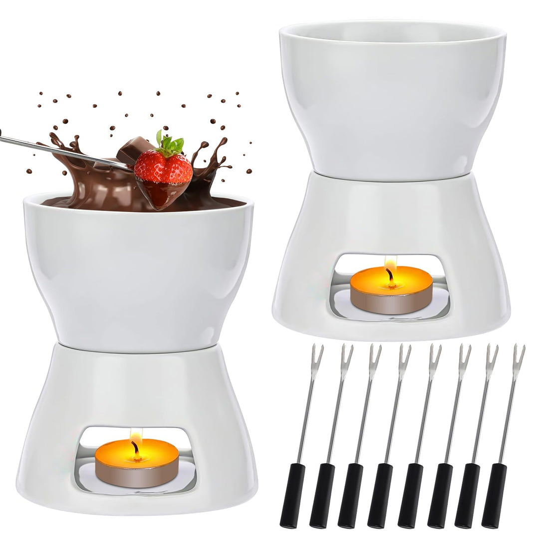 2 Stück Keramik Schokoladenfondue Set mit 8 Gabeln, Reines Weisses Porzellan-Schmelztopf für Schokol