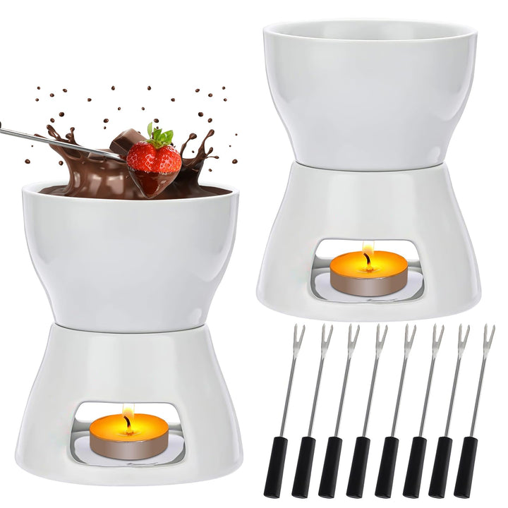 2 Stück Keramik Schokoladenfondue Set mit 8 Gabeln, Reines Weisses Porzellan-Schmelztopf für Schokol