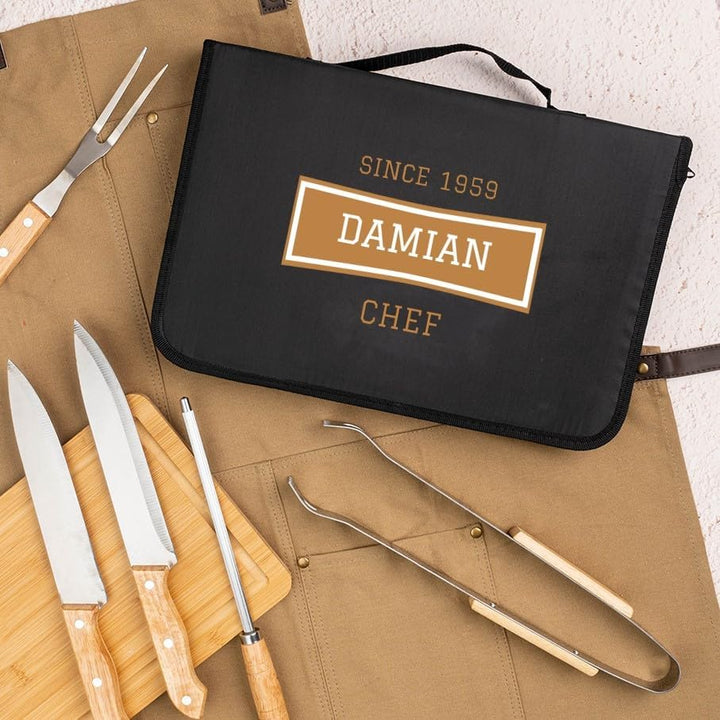 Wanapix | Personalisiertes BBQ-Set | Enthält 6 Ubehörteile (2 Messer, Schärfer, Tranchiermesser,Zang