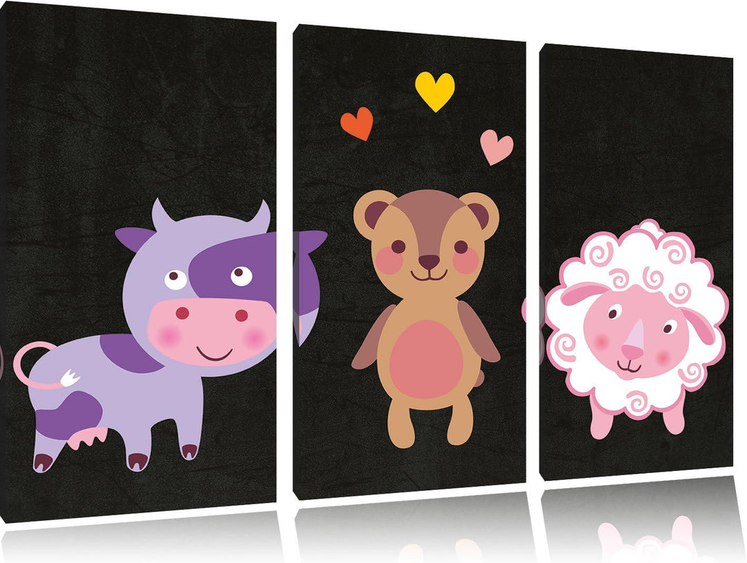 Pixxprint Kuh Teddy und Schaf als Leinwandbild/Grösse: 3 Teilig (120x80) cm/Wandbild/Kunstdruck/fert