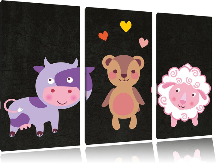 Pixxprint Kuh Teddy und Schaf als Leinwandbild/Grösse: 3 Teilig (120x80) cm/Wandbild/Kunstdruck/fert
