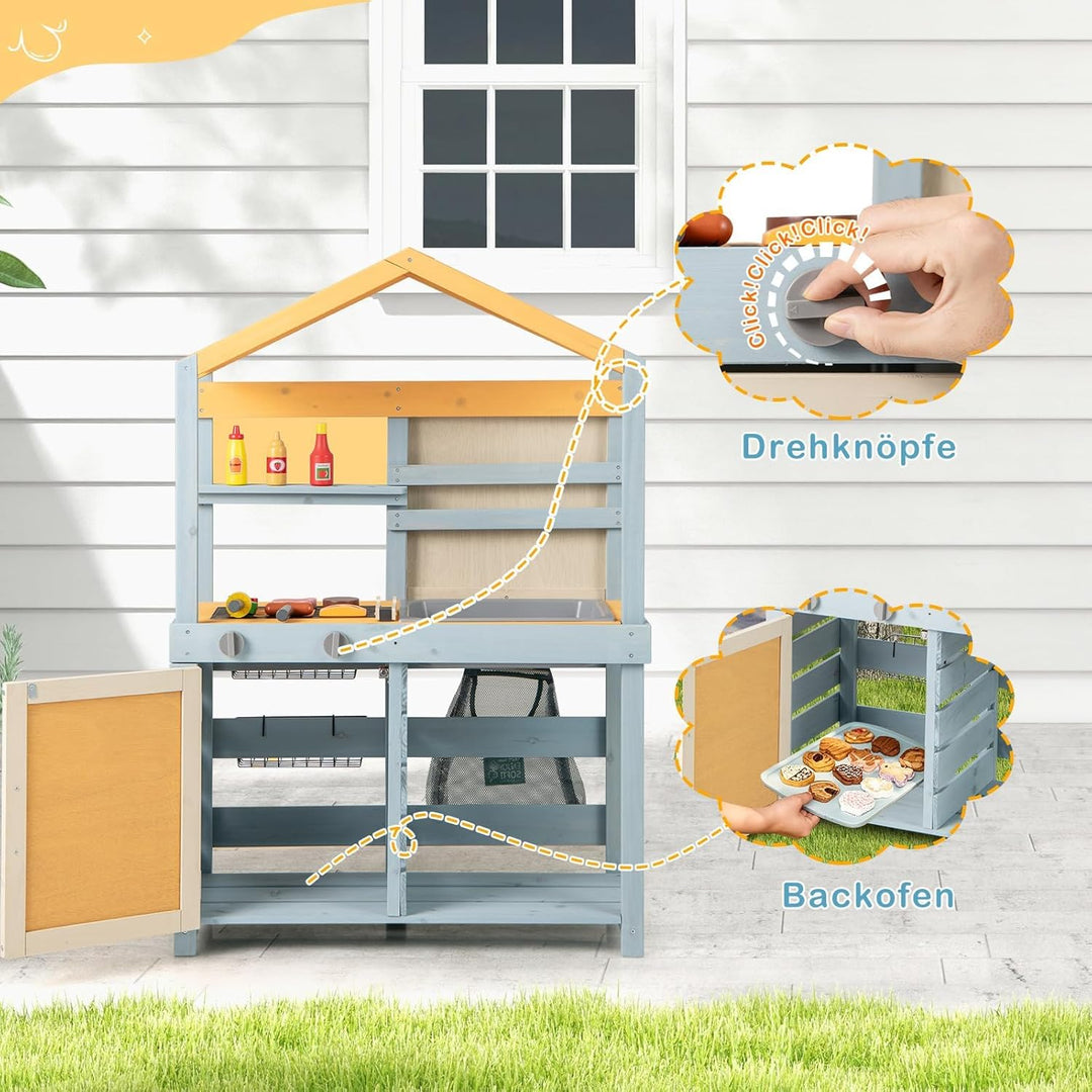 COSTWAY 2-IN-1 Matschküche Kinder Outdoor, Kinderküche Holz mit Tasche & Körben, Tafel & Zubehör, Sp