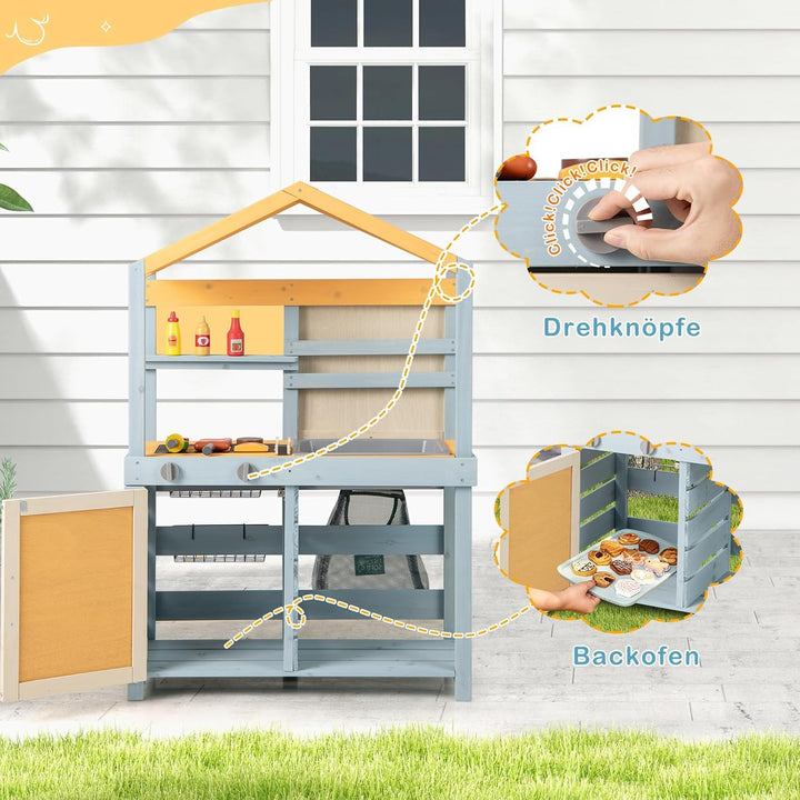 COSTWAY 2-IN-1 Matschküche Kinder Outdoor, Kinderküche Holz mit Tasche & Körben, Tafel & Zubehör, Sp