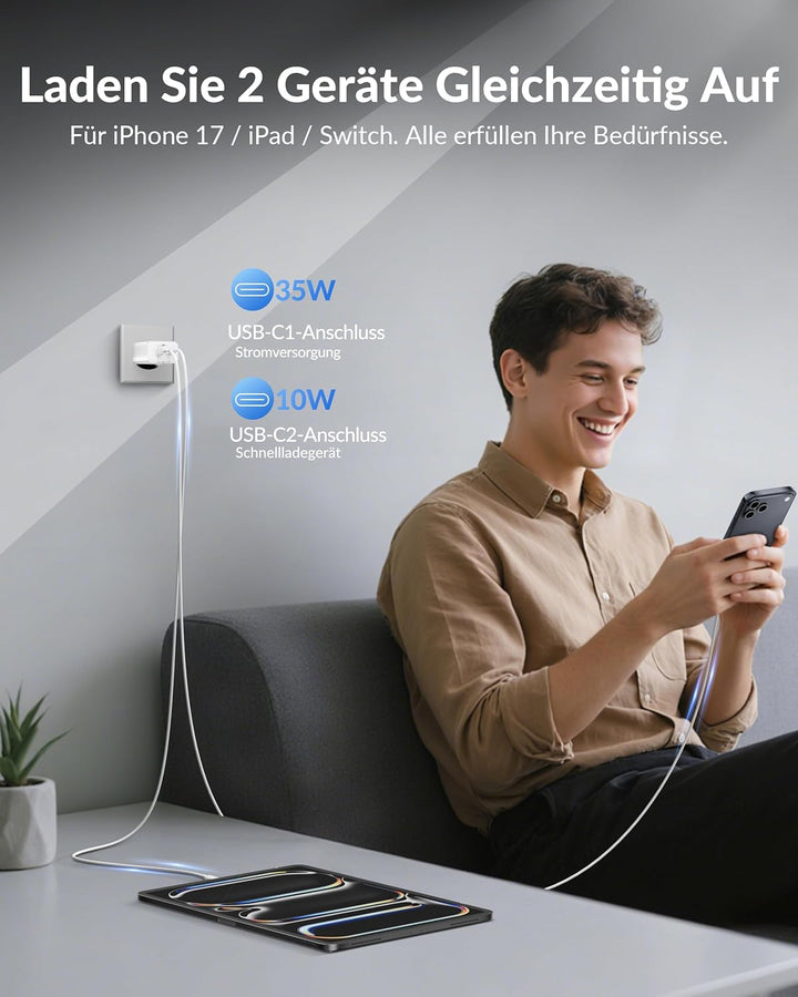 45W USB C Ladegerät Ladekabel, 2-Port Schnellladegerät und USBC 2M+3M Schnellladekabel für iPhone 17