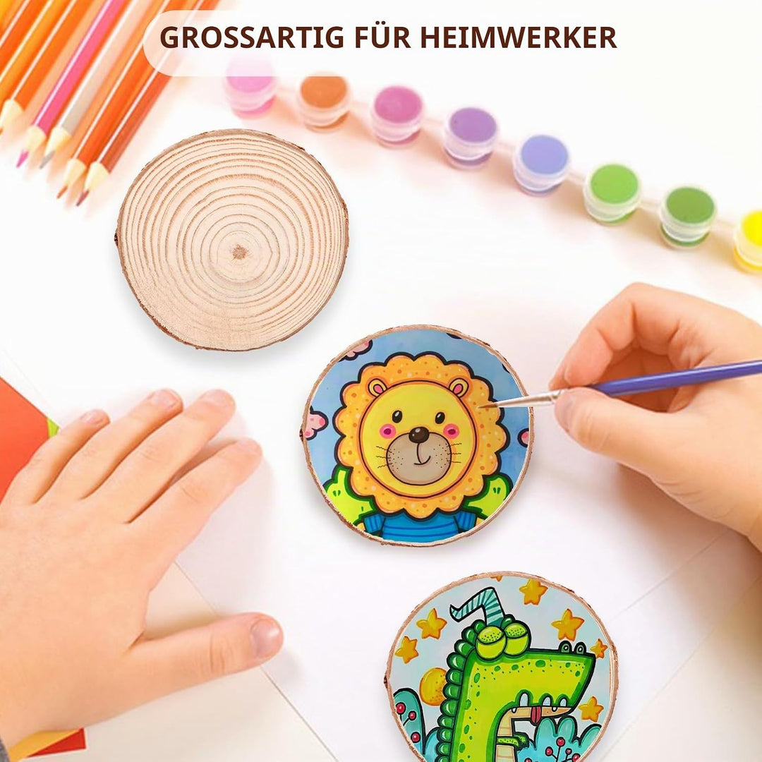 APACALI 50 Stück Holzscheiben zum Basteln, 6-7cm Baumscheiben, Kleine Baumscheiben zum Basteln mit R