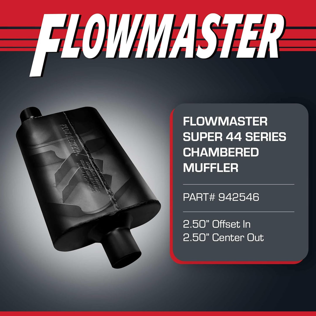 Flowmaster 942546 Super 44 Schalldämpfer - 2,50 Offset IN / 2,50 Center OUT - Aggressive Sound, schw